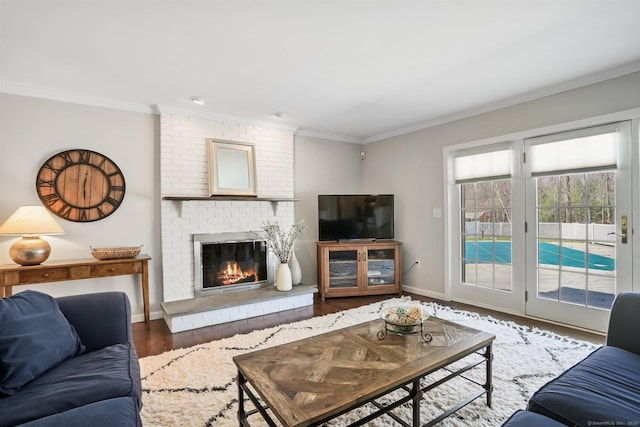 living room featuring baseboards, crown molding, wood finished floors, and a fireplace