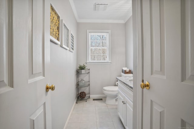 bathroom with toilet, baseboards, visible vents, crown molding, and vanity