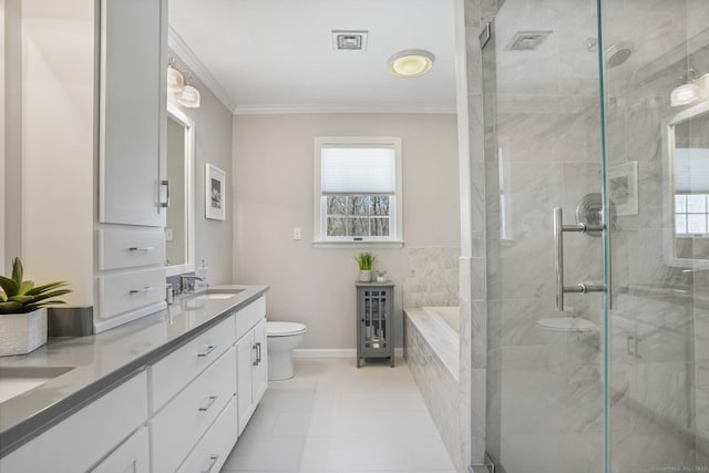 bathroom featuring a sink, double vanity, a stall shower, toilet, and crown molding