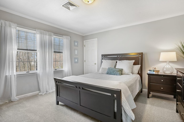 bedroom featuring light carpet, baseboards, visible vents, and ornamental molding