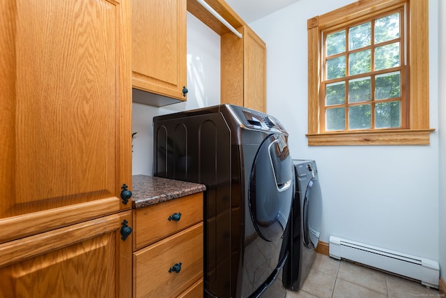 40 Old Bridge Rd, Brookfield, CT 06804 - laundry room with light tile patterned floors, washing machine and dryer, a baseboard radiator, baseboards, and cabinet space