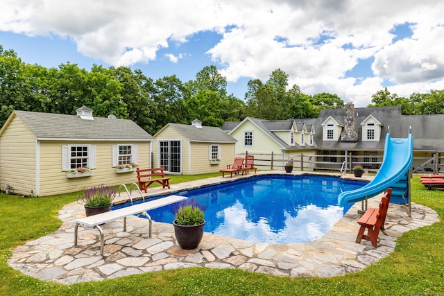 40 Old Bridge Rd, Brookfield, CT 06804 - view of pool featuring a water slide, an outdoor structure, a diving board, a patio area, and an exterior structure