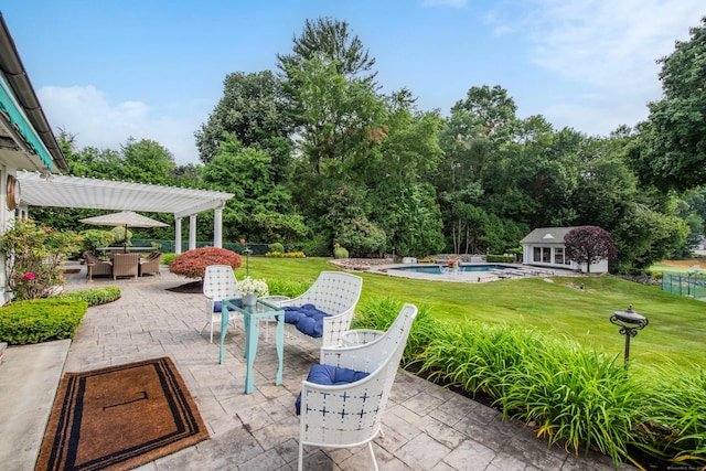 77 Eastfield Rd, Waterbury, CT 06708 - view of patio / terrace with a pergola, an outbuilding, outdoor dining space, an outdoor pool, and a storage structure