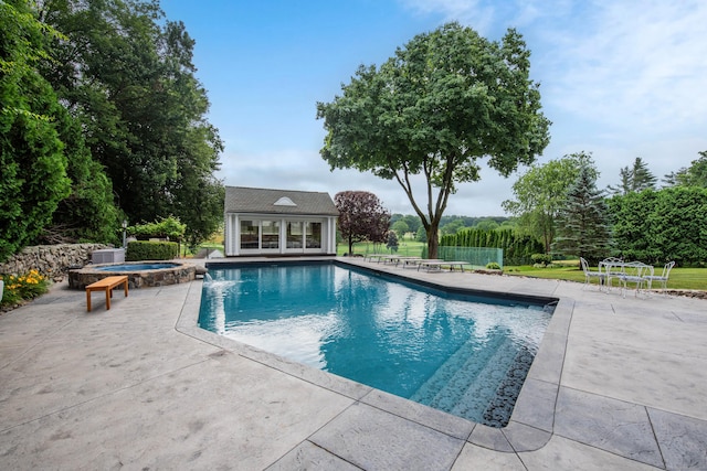 77 Eastfield Rd, Waterbury, CT 06708 - view of pool with a patio, an outbuilding, central AC unit, an exterior structure, and a pool with connected hot tub