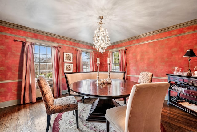 77 Eastfield Rd, Waterbury, CT 06708 - dining area with hardwood / wood-style floors, wallpapered walls, baseboards, a notable chandelier, and crown molding
