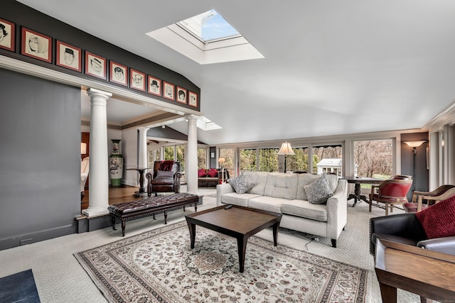 77 Eastfield Rd, Waterbury, CT 06708 - living area with a skylight, carpet flooring, and decorative columns