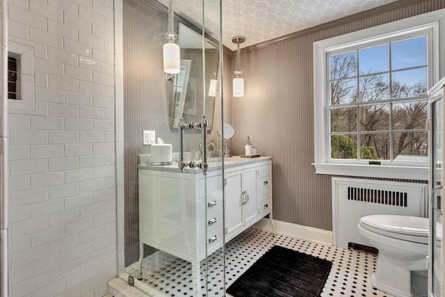 77 Eastfield Rd, Waterbury, CT 06708 - full bath featuring toilet, a tile shower, radiator heating unit, and a healthy amount of sunlight