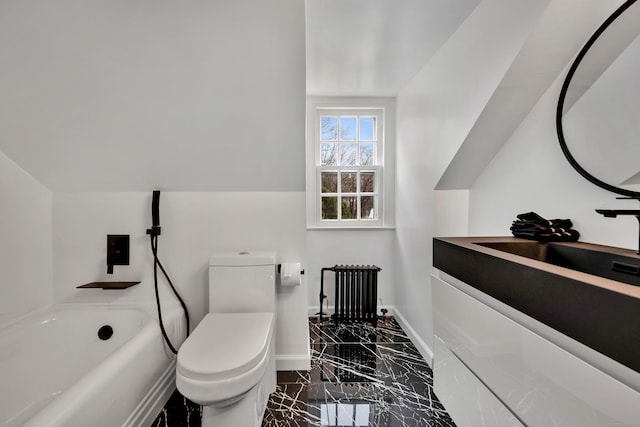 77 Eastfield Rd, Waterbury, CT 06708 - bathroom featuring marble finish floor, radiator heating unit, toilet, a bath, and baseboards