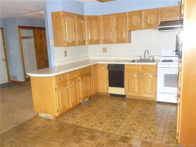 kitchen featuring white range with gas cooktop, light floors, dishwasher, a sink, and extractor fan