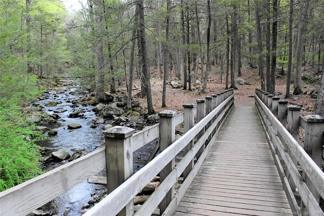 dock area featuring a forest view