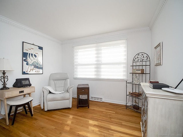 10 Edgehill Dr, Woodbridge, CT 06525 - sitting room featuring a desk, light wood finished floors, crown molding, and baseboards