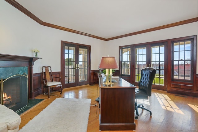 7 Long Meadow Ln, Redding, CT 06896 - office space featuring french doors, a fireplace, wood finished floors, a wainscoted wall, and ornamental molding