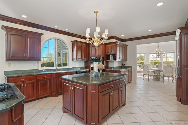 7 Long Meadow Ln, Redding, CT 06896 - kitchen featuring crown molding, a notable chandelier, a healthy amount of sunlight, and a sink