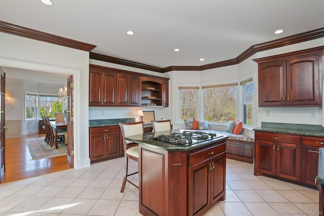 7 Long Meadow Ln, Redding, CT 06896 - kitchen with open shelves, stainless steel gas cooktop, recessed lighting, a kitchen island, and ornamental molding