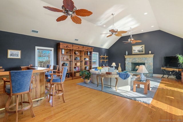 7 Long Meadow Ln, Redding, CT 06896 - living area with ceiling fan, visible vents, wood finished floors, and vaulted ceiling