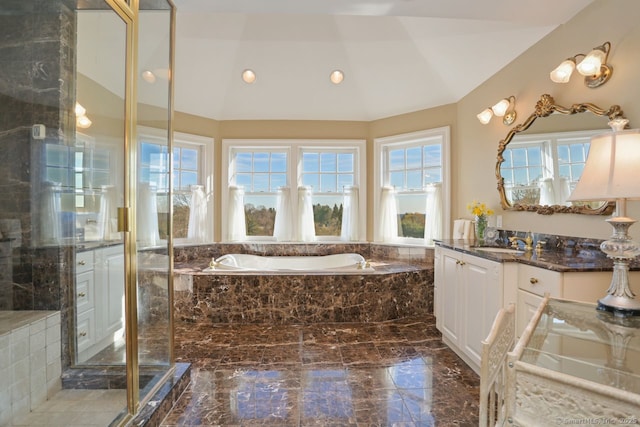 7 Long Meadow Ln, Redding, CT 06896 - full bath with a garden tub, a stall shower, vanity, marble finish floor, and recessed lighting