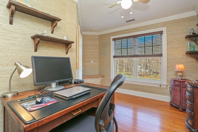 7 Long Meadow Ln, Redding, CT 06896 - home office featuring crown molding, baseboards, a ceiling fan, and wood finished floors