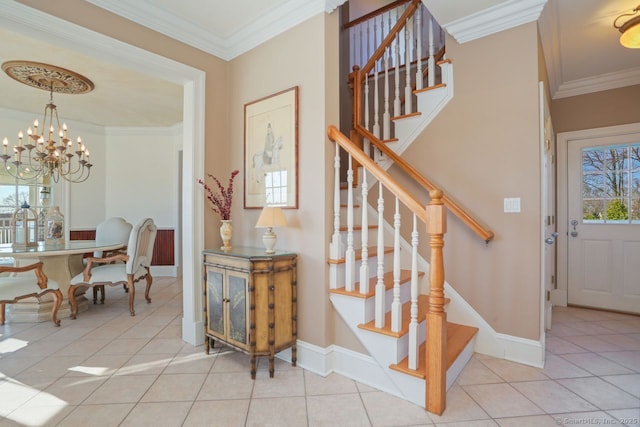 7 Long Meadow Ln, Redding, CT 06896 - staircase featuring crown molding, tile patterned floors, a notable chandelier, and baseboards