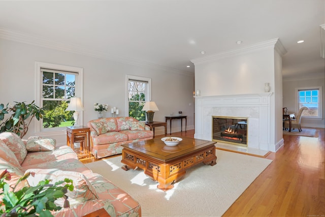 7 Long Meadow Ln, Redding, CT 06896 - living area featuring a high end fireplace, ornamental molding, recessed lighting, and wood finished floors