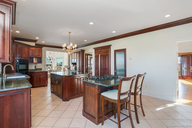 7 Long Meadow Ln, Redding, CT 06896 - kitchen with a center island, ornamental molding, and a chandelier