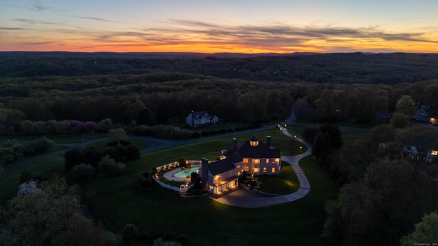 7 Long Meadow Ln, Redding, CT 06896 - aerial view at dusk featuring a forest view