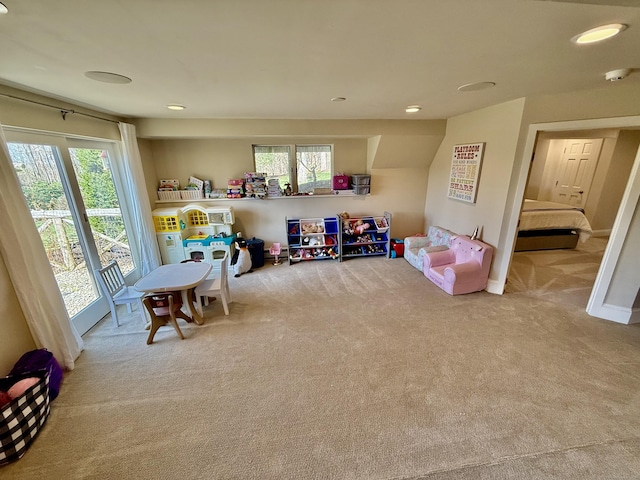 game room featuring plenty of natural light, carpet floors, and recessed lighting