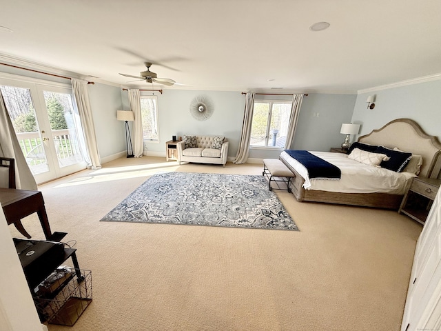 bedroom featuring carpet flooring, crown molding, access to exterior, and french doors