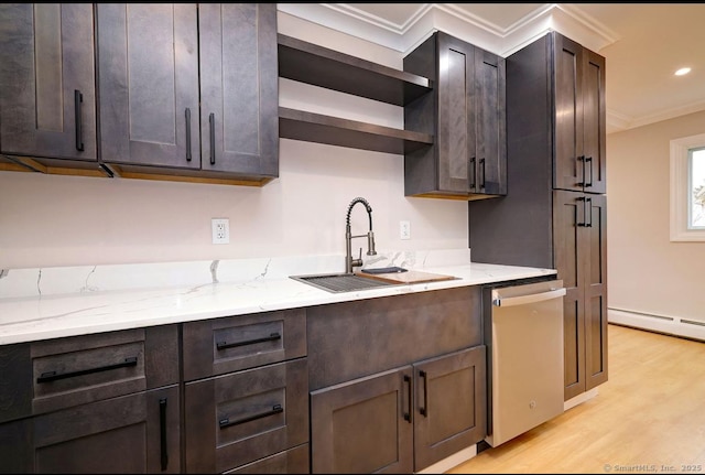 kitchen with stainless steel dishwasher, open shelves, light wood finished floors, a sink, and dark brown cabinetry