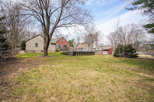 view of yard featuring a fenced backyard and a wooden deck