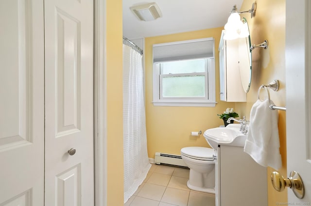 full bath with vanity, a shower with curtain, tile patterned flooring, toilet, and a baseboard heating unit