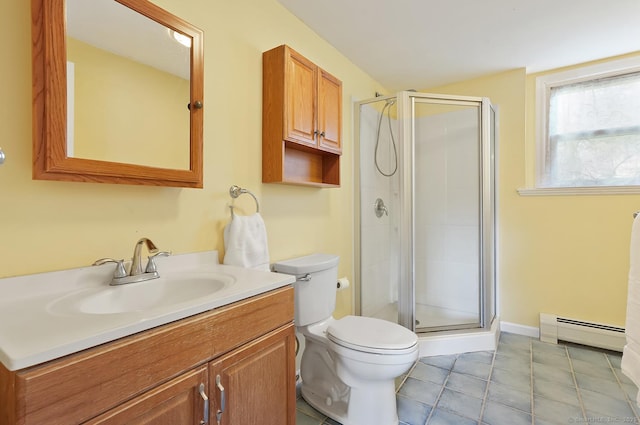 bathroom with a shower stall, tile patterned flooring, baseboard heating, and toilet