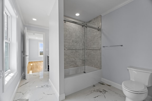 full bathroom featuring crown molding, marble finish floor, and recessed lighting