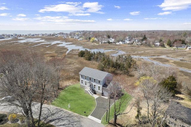 drone / aerial view featuring a water view