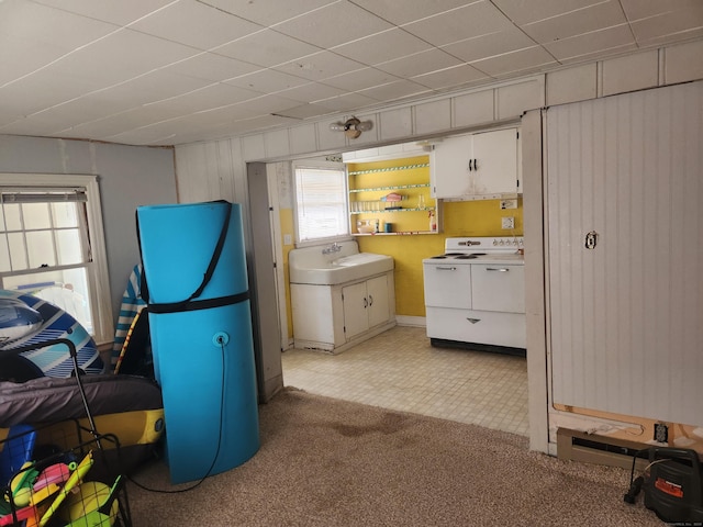 interior space featuring washer / clothes dryer, light colored carpet, white cabinetry, and plenty of natural light