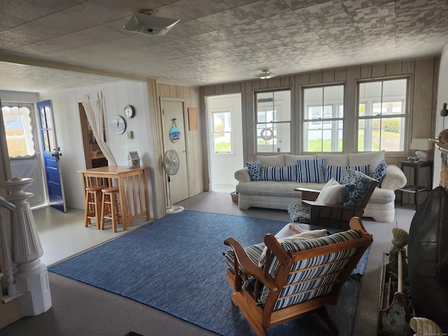 living area featuring wooden walls and plenty of natural light
