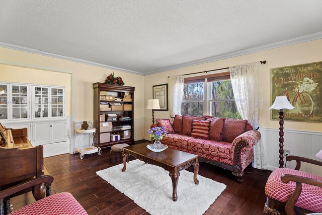 living room with ornamental molding, a textured ceiling, wainscoting, and hardwood / wood-style flooring