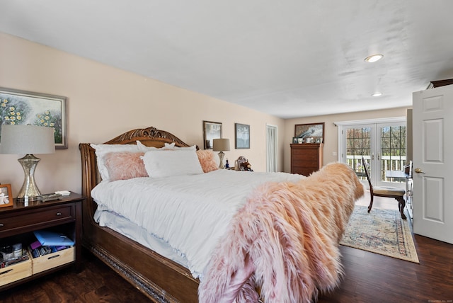 bedroom featuring recessed lighting, access to exterior, and wood finished floors