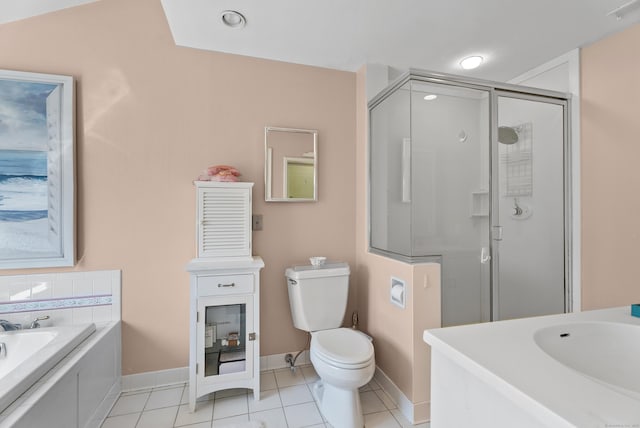 full bath featuring tile patterned floors, a shower stall, toilet, a sink, and baseboards
