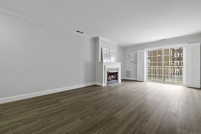 49 Glenbrook Rd Apt 209, Stamford, CT 06902 - unfurnished living room featuring ornamental molding, baseboards, dark wood-style floors, and a warm lit fireplace