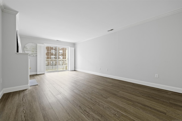 49 Glenbrook Rd Apt 209, Stamford, CT 06902 - unfurnished living room with visible vents, baseboards, ornamental molding, and dark wood finished floors