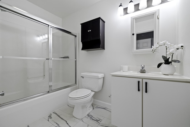 49 Glenbrook Rd Apt 209, Stamford, CT 06902 - full bathroom with vanity, toilet, marble finish floor, bath / shower combo with glass door, and baseboards