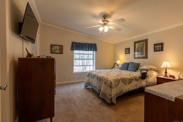 bedroom featuring carpet floors, crown molding, vaulted ceiling, and baseboards