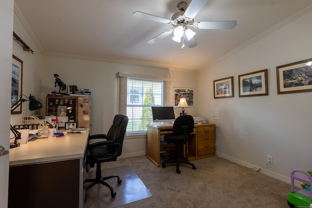 office featuring crown molding, lofted ceiling, light carpet, baseboards, and ceiling fan