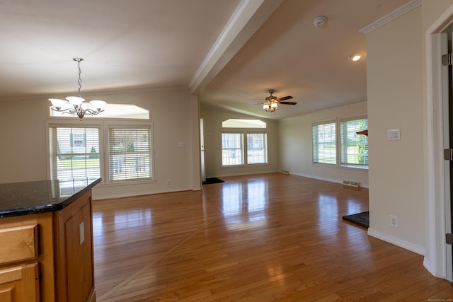 20 Cliff Rd, Ledyard, CT 06339 - unfurnished dining area with crown molding, a chandelier, light wood-style floors, ceiling fan, and baseboards