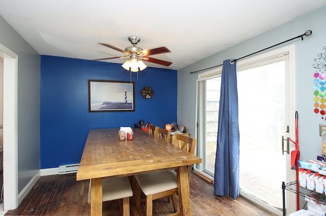 dining area with wood-type flooring, a ceiling fan, baseboards, and a baseboard radiator