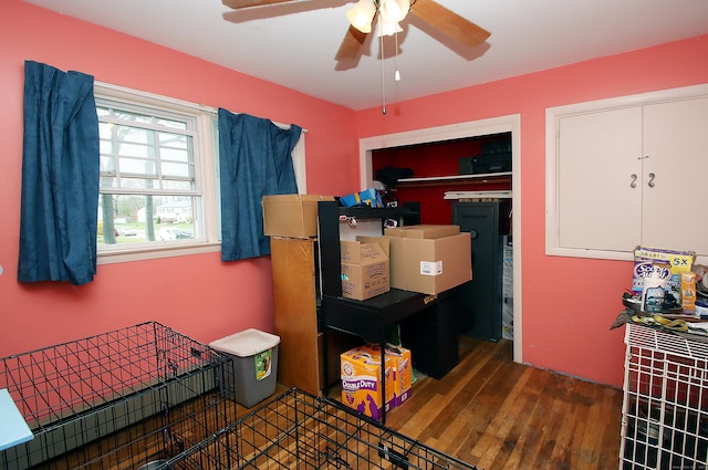 interior space featuring wood-type flooring and a ceiling fan