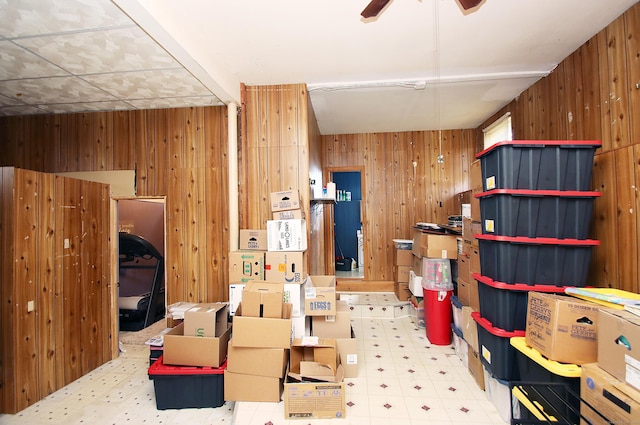 storage area featuring ceiling fan