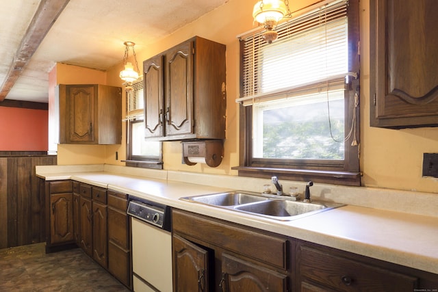 56 Laurel Hill Dr, Woodstock, CT 06282 - kitchen with white dishwasher, light countertops, and decorative light fixtures