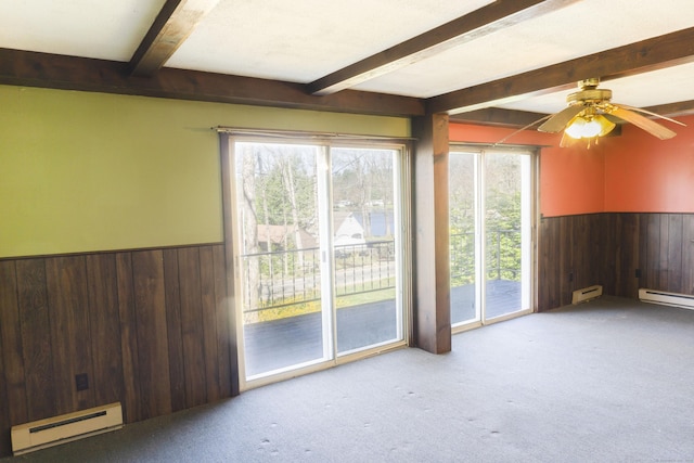 56 Laurel Hill Dr, Woodstock, CT 06282 - carpeted spare room with baseboard heating, wood walls, wainscoting, beamed ceiling, and ceiling fan