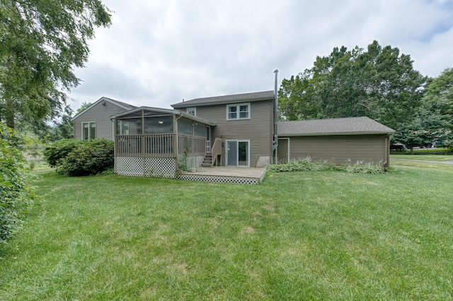 18 Black Birch Rd, Plainville, CT 06062 - back of house with a sunroom, a wooden deck, and a lawn